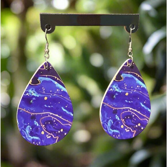 Pierced 3 1/4" silver, blue, gold multi colored pleather teardrop earrings - Picture 1 of 4